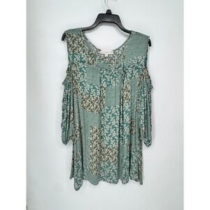 Weekend Suzanne Betro Tunic Womens 1X Green Excellent Cold Shoulder Floral Boho